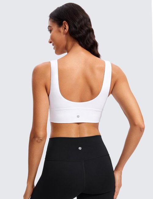 CRZ YOGA Butterluxe Womens V-Neck Longline Sports Bra - Wireless U-Shaped Open Back Yoga Low Impact Padded Crop Top White Medium