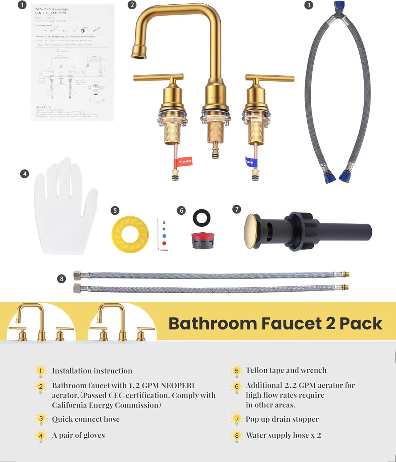 Brushed Nickel 8-Inch Widespread Bathroom Faucet with 360° Swivel Spout - Modern 2 Handle Lavatory Sink Fixture