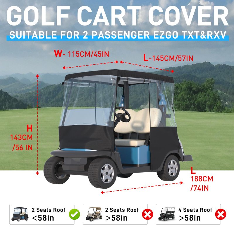 Santiano Golf Cart Cover 2 Passenger - 900D Waterproof Driving Enclosure with 0.5mm Clear PVC, Windproof Rain Protection for EZGO TXT/RXV & Club Car Precedent (Fits Roof up to 58")