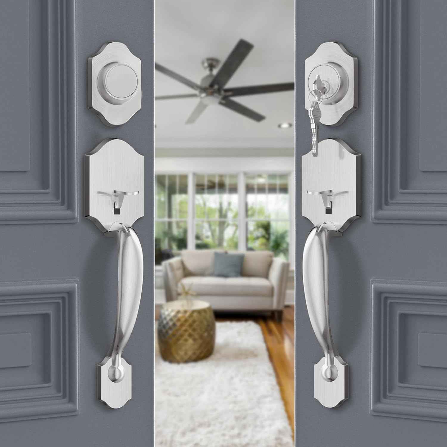 Gold Front Door Handle & Deadbolt Set - Reversible Lever Lock Hardware