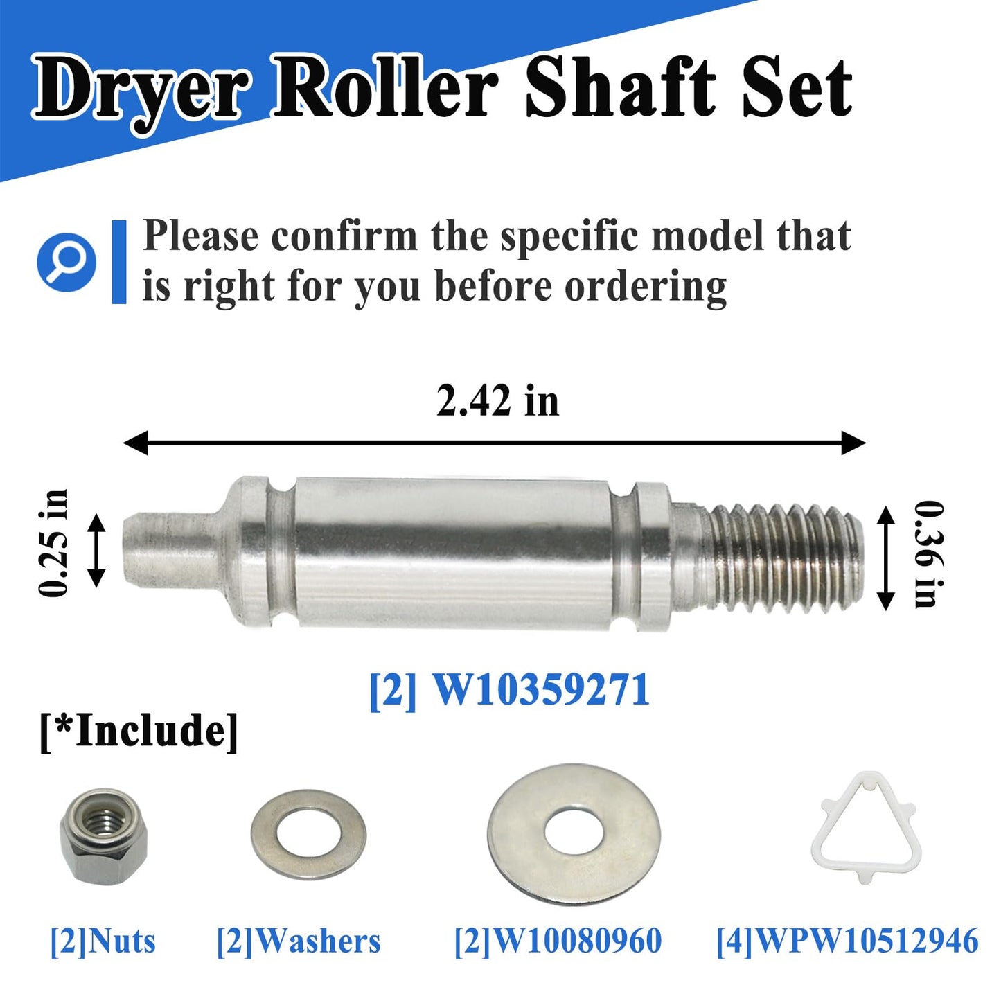 2 Sets W10359271 Dryer Front Drum Support Roller Shaft, Replaces for WPW10359271, 1878662, AP6020388, 387460, 3399508, 8575324, PS11753707, with W11236646 Washer and W10512946 Tri-Ring Retainers