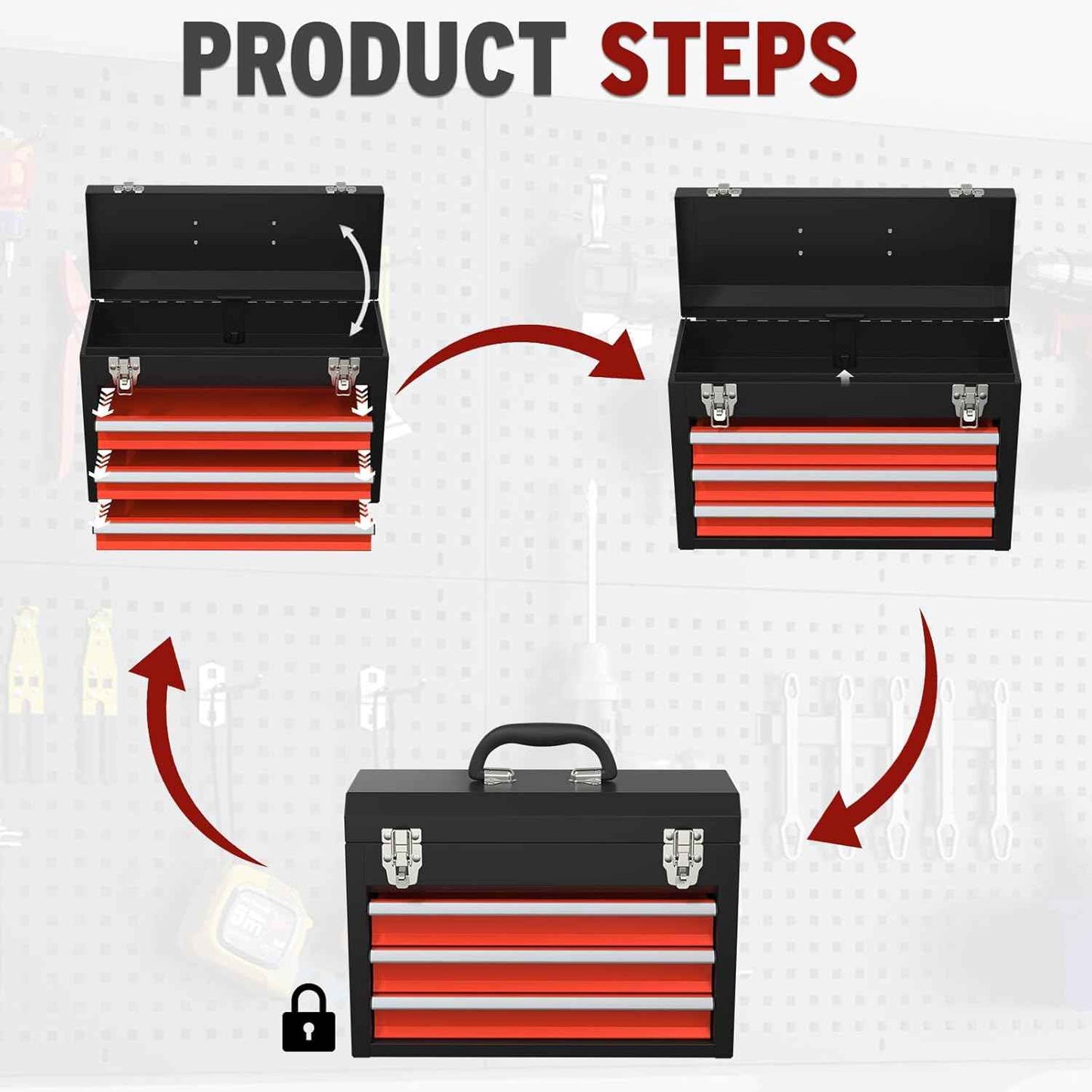 Portable Pink 3-Drawer Steel Tool Box with Locking System for Tool Storage