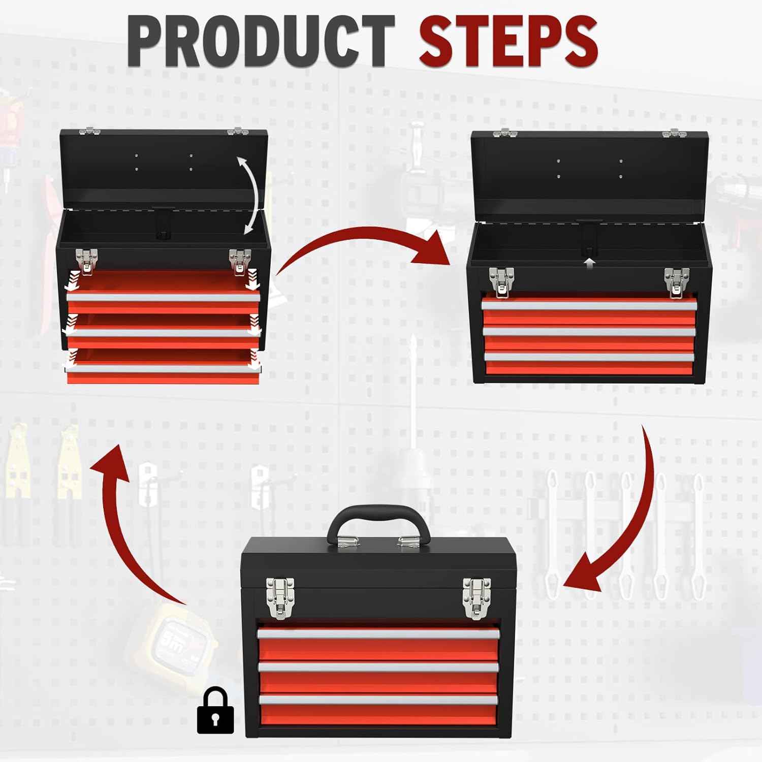 Portable Pink 3-Drawer Steel Tool Box with Locking System for Tool Storage