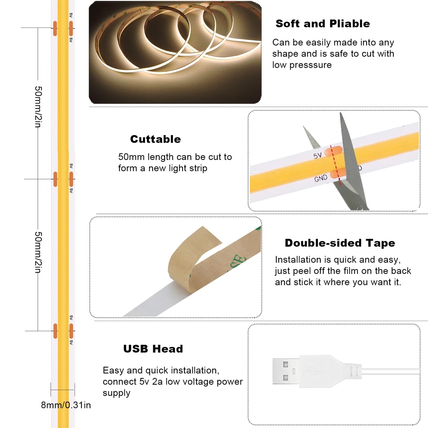 GXILEE COB LED Strip Lights Natural White 4000K CRI92+, DC 5V 6 ft Led Light Strip with Dimmer Switch for Cabinet Home Office DIY Lighting Decoration