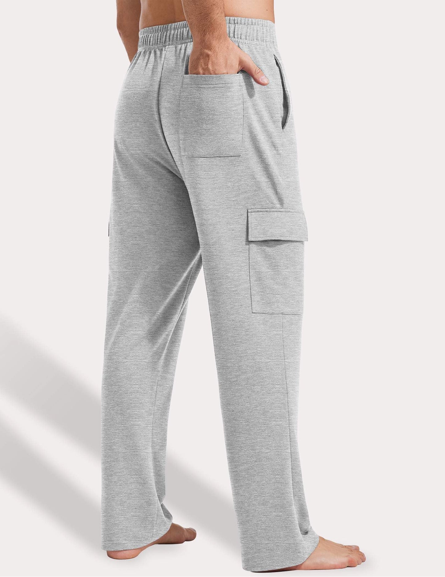 PINSPARK Cargo Sweat for Men Open Bottom Baggy Uncuffed Sweatpants Lounge Pants with Pockets Straight Leg for Casual Gym Light Grey