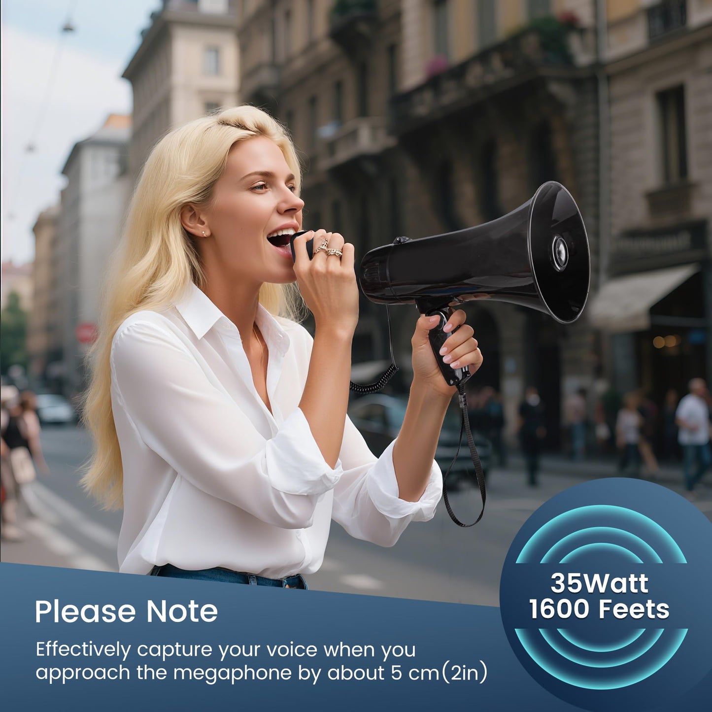 Loudmore Portable Megaphone Bullhorn 35 Watt Power Megaphone Speaker with Siren/Alarm Modes, 240S Recording, Detachable Handheld Microphone, Volume Control and Strap (Black)