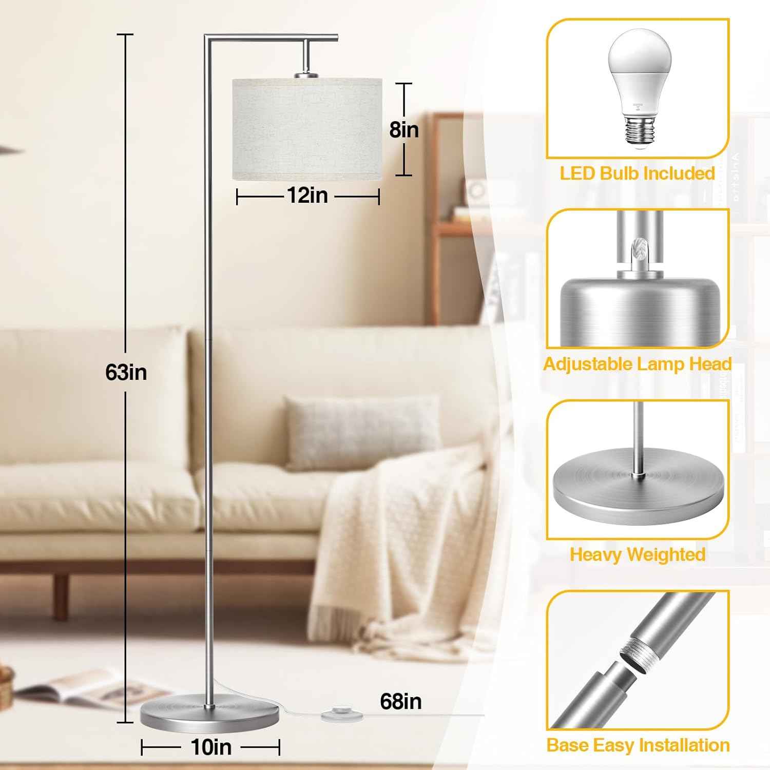 Adjustable Black Floor Lamp for Living Room - 3 Color Temperatures & Beige Linen Shade