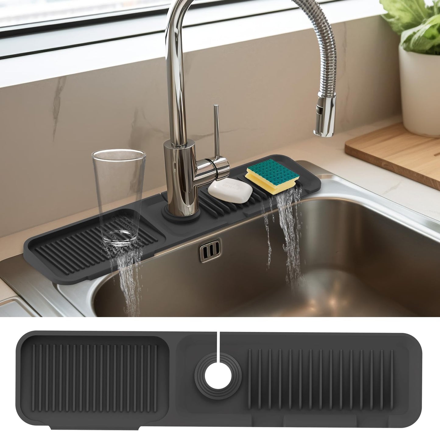 Doeklpo 24 Inch Kitchen Sink Splash Guard๏ผ5ยฐSlope Fast Draining Silicone Mat for Kitchen Sink Faucet Mat, Kitchen Sink Tidy Splash Guard for Kitchen Sink Area Bathroom Faucet Draining Mat (Black)