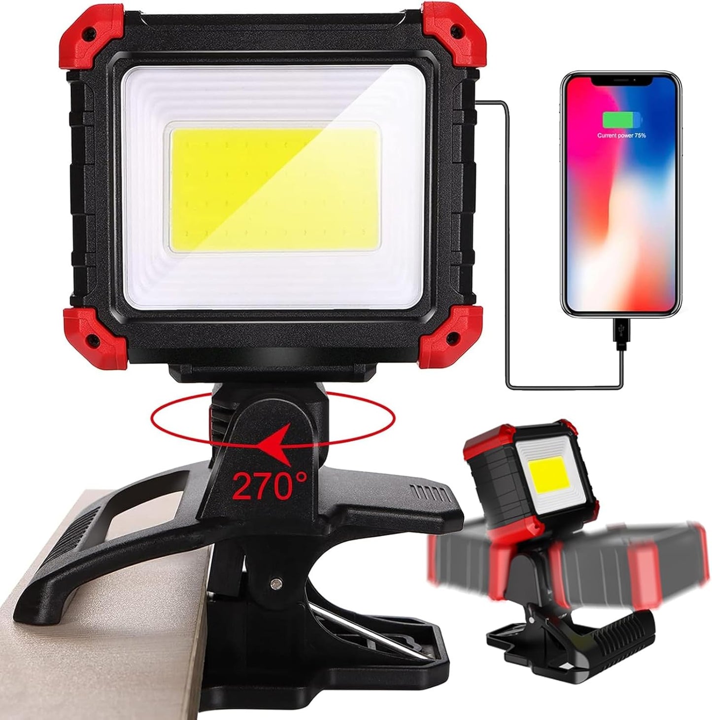 2100LM LED Rechargeable Work Light with Clamp - 2-Pack Magnetic Clip-On, 270° Rotating, Portable for Car Repair & Job Site Lighting