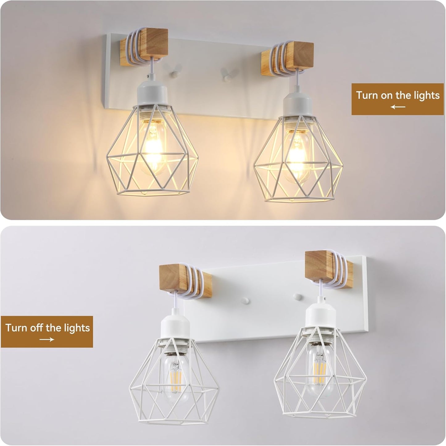 Farmhouse 3-Light Bathroom Vanity Light Fixture - Rustic White Wood Sconces for Mirror