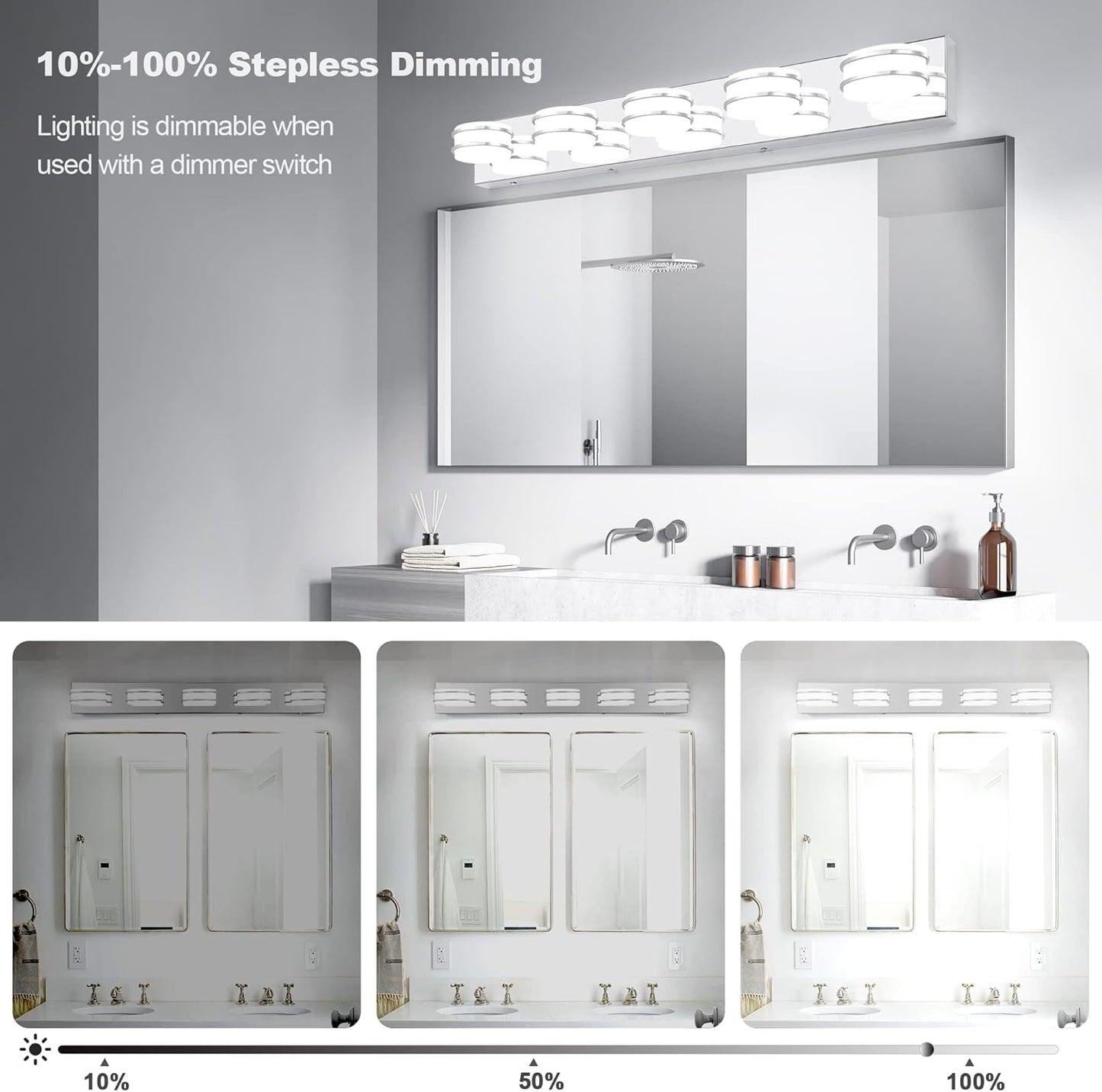 LED Chrome 3-Light Dimmable Bathroom Vanity Light Fixture - Modern Acrylic & Stainless Steel Over Mirror Lighting
