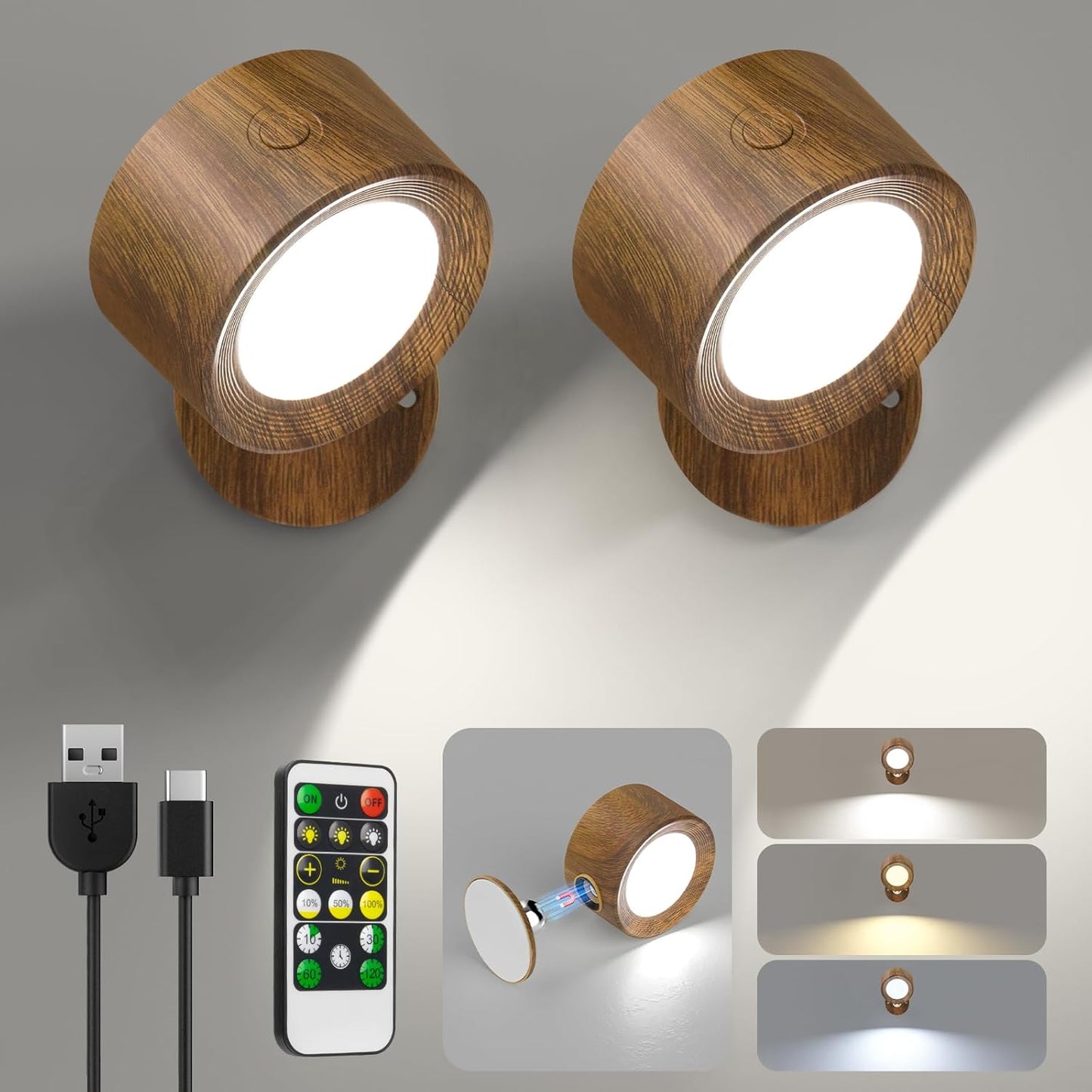 Rechargeable LED Wall Mounted Lights - 3 Pack with Remote, Dimmable & 360° Rotation for Bedroom