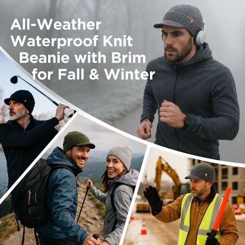 TOP-EX DryKnit™ Black Waterproof Wool Blend Beanie with Brim Fleece Lined Winter Cap for Men Women Hiking Cold Weather M/L
