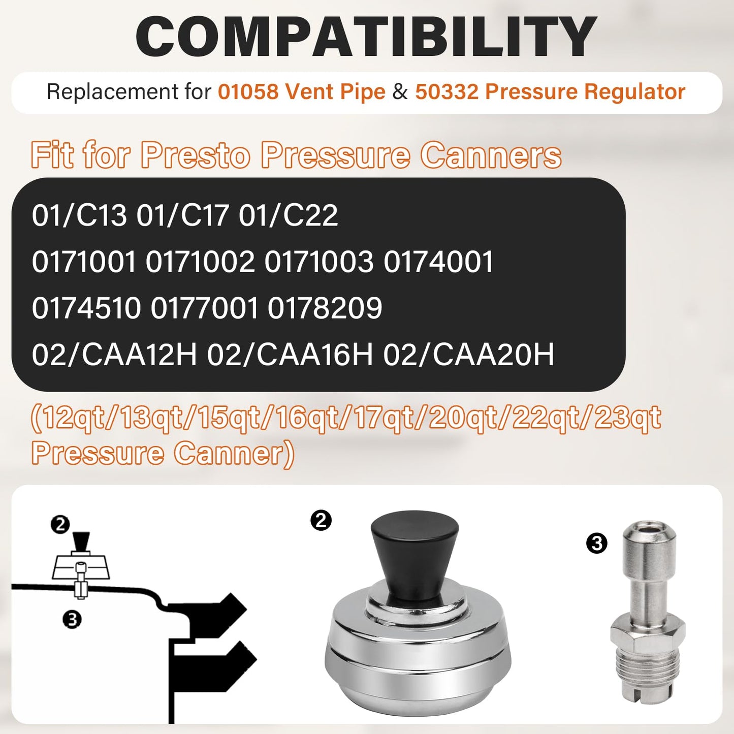 50332 3-Piece Pressure Regulator & 01058 Pressure Cooker Vent Pipe Replacement for Presto Pressure Canners 0177001 0174001 6803571, 5-10-15lb Canning Weight