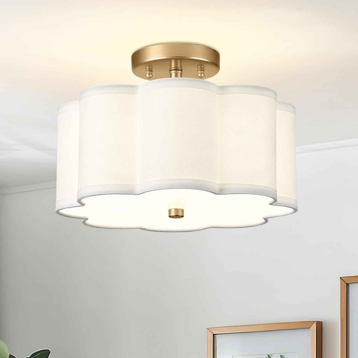 Gold 3-Light Semi Flush Mount Ceiling Light with Fabric Flower Shade - Farmhouse Brass Drum Fixture for Nursery, Hallway, Bedroom - Model AD-22007-3SF-GD