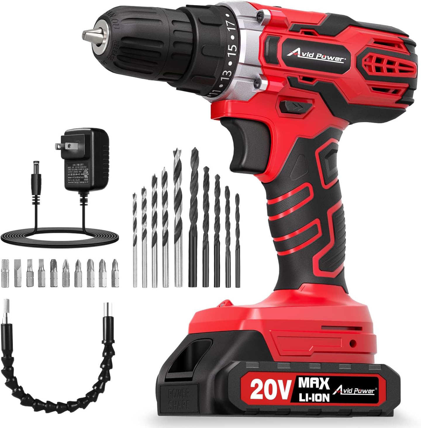 AVID POWER 20V MAX Cordless Power Drill Kit with Battery & Charger - 19 Torque Settings, 22 Bits