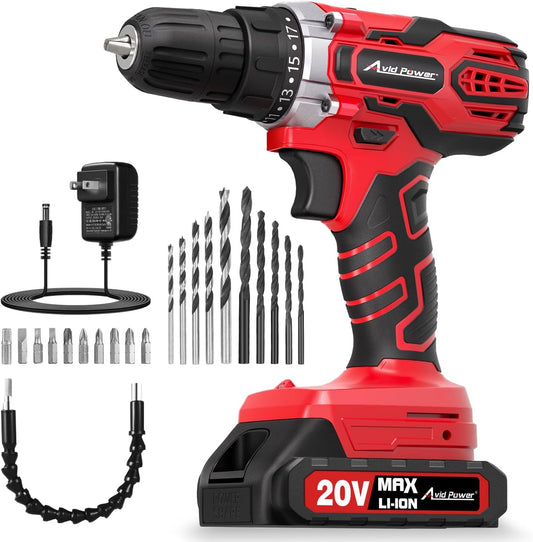 AVID POWER 20V MAX Cordless Power Drill Kit with Battery & Charger - 19 Torque Settings, 22 Bits