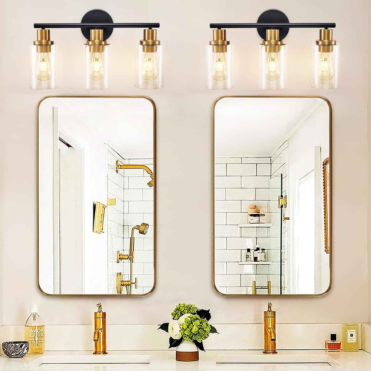 Modern Black 3-Light Bathroom Vanity Light Fixture with Clear Glass Shades - 2 Pack