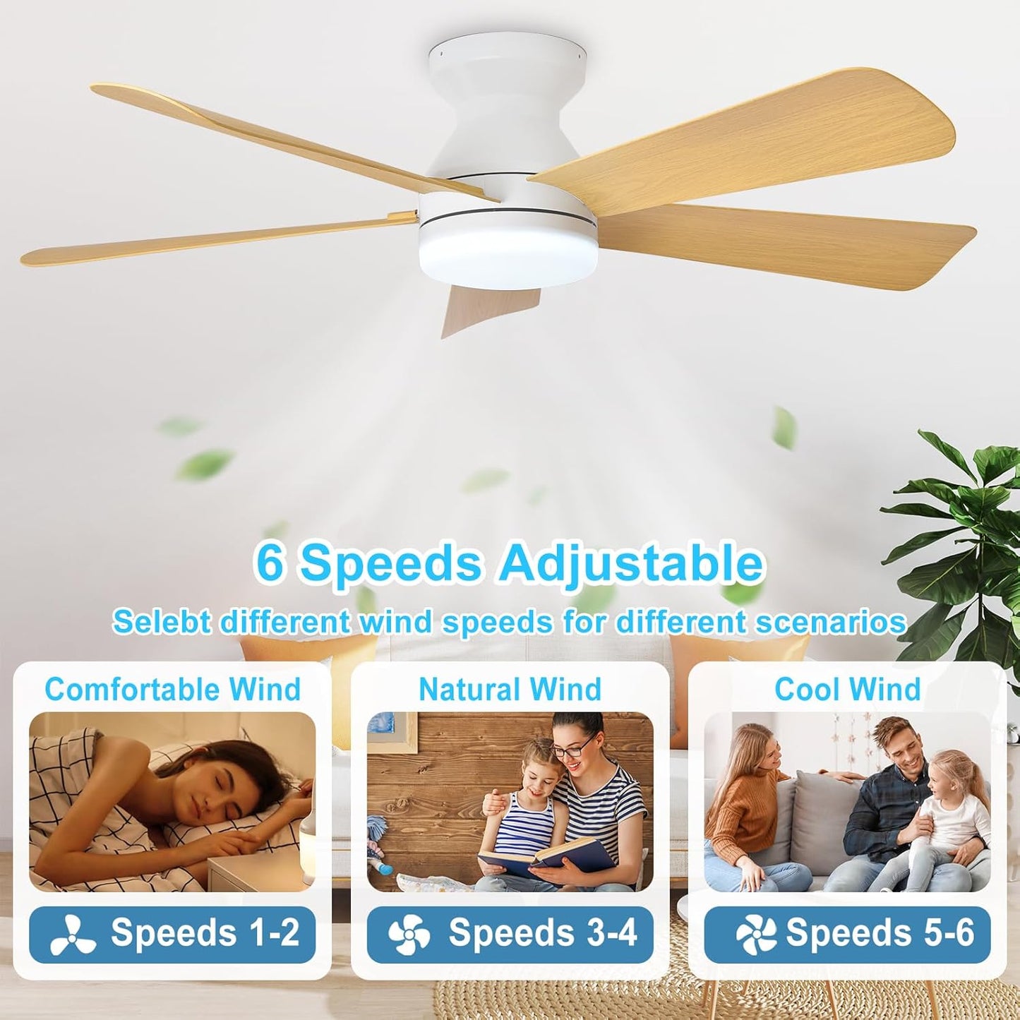 42-Inch Modern Black Ceiling Fan with Light & Remote - Dimmable Low Profile, 5 Reversible Walnut Blades, 6 Speeds for Indoor/Outdoor Use