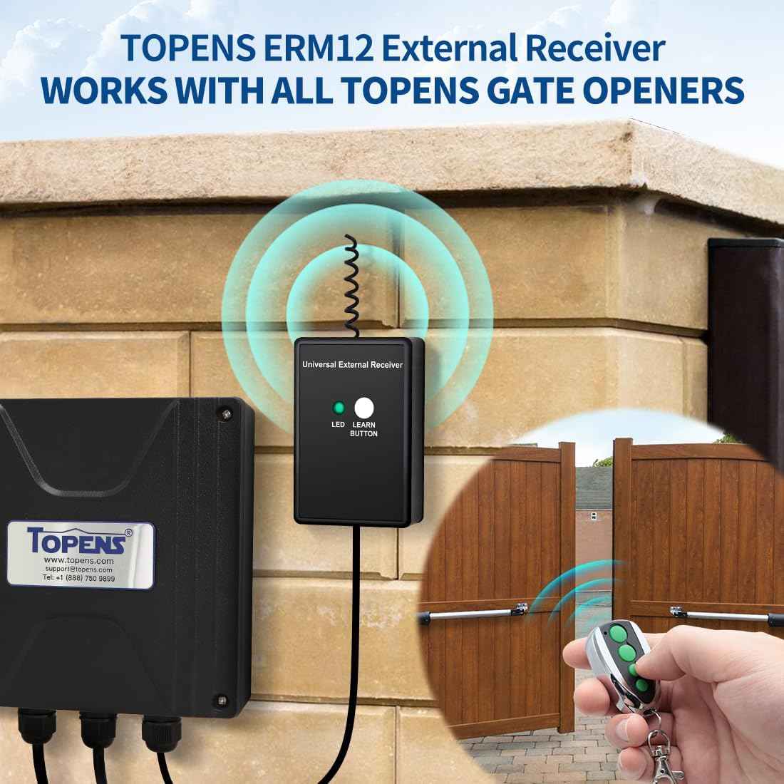 TOPENS ERM12 Universal Gate Opener Receiver & 2 Remotes - Automatic Swing & Slide Accessory