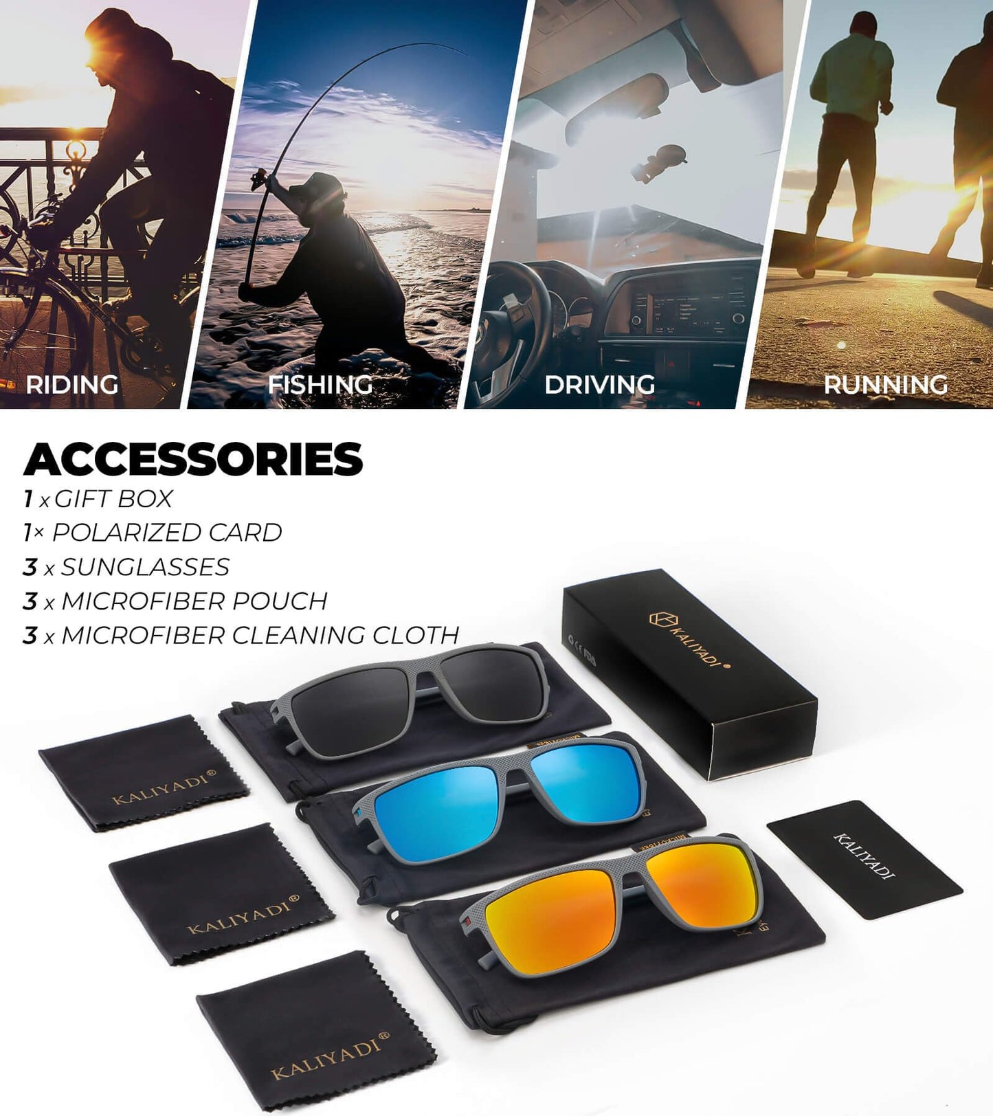 KALIYADI Polarized Sunglasses Men, Lightweight Mens Sunglasses Polarized UV Protection Driving Fishing Golf (Frame Grey|Lens Black/Ice Blue/Gradual Brown)