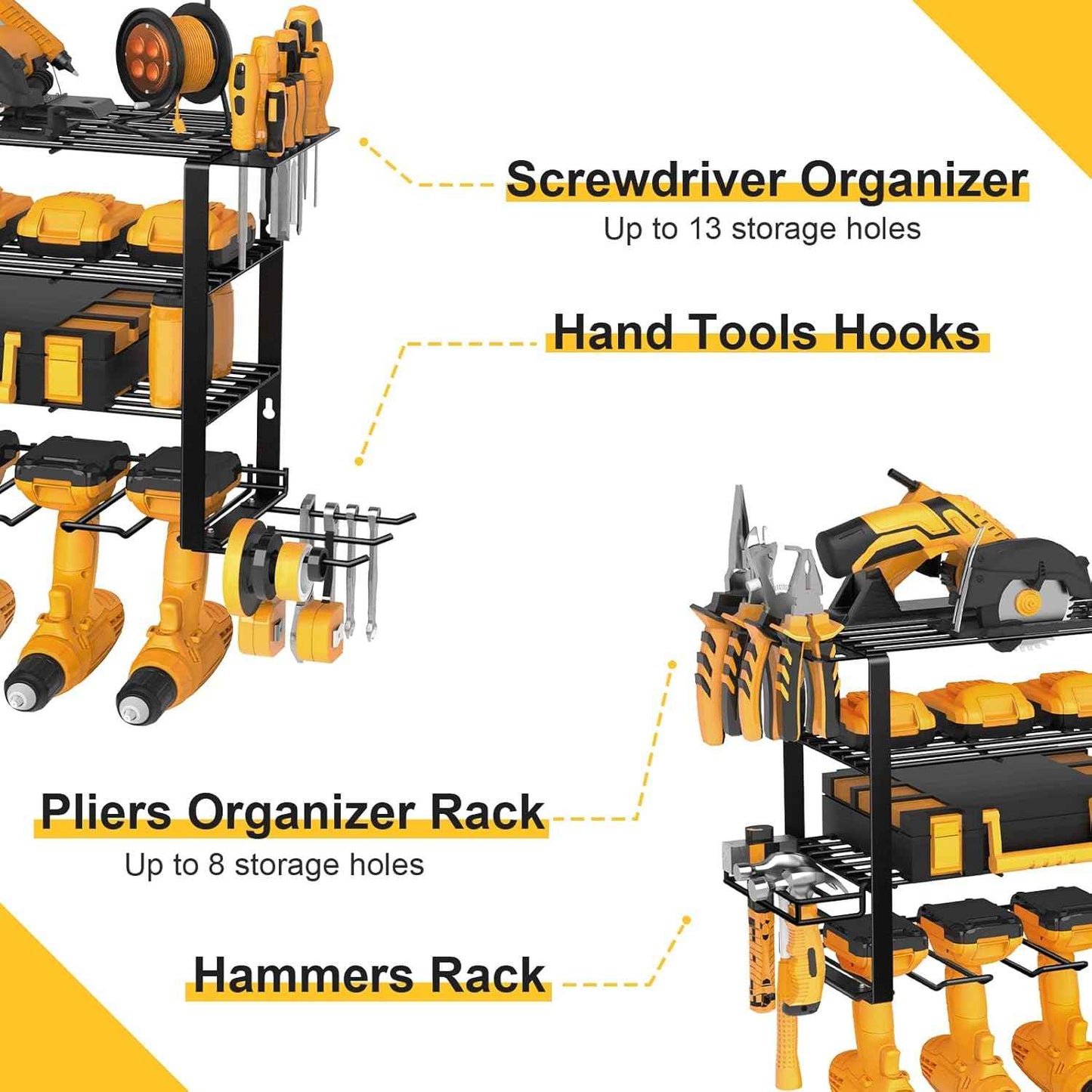 Heavy-Duty Wall-Mount Power Tool Organizer - 3 Extra Large Layers, 300lbs Capacity, 8 Cordless Drill Holders for Garage & Workshop