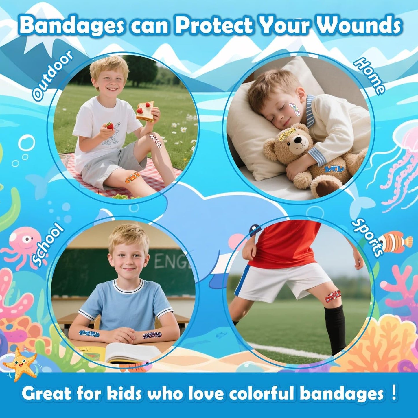 Sublaga Kids Cartoon Bandages - 300 Pcs Waterproof Adhesive Bandages for Scrapes & Cuts | Colorful & Flexible