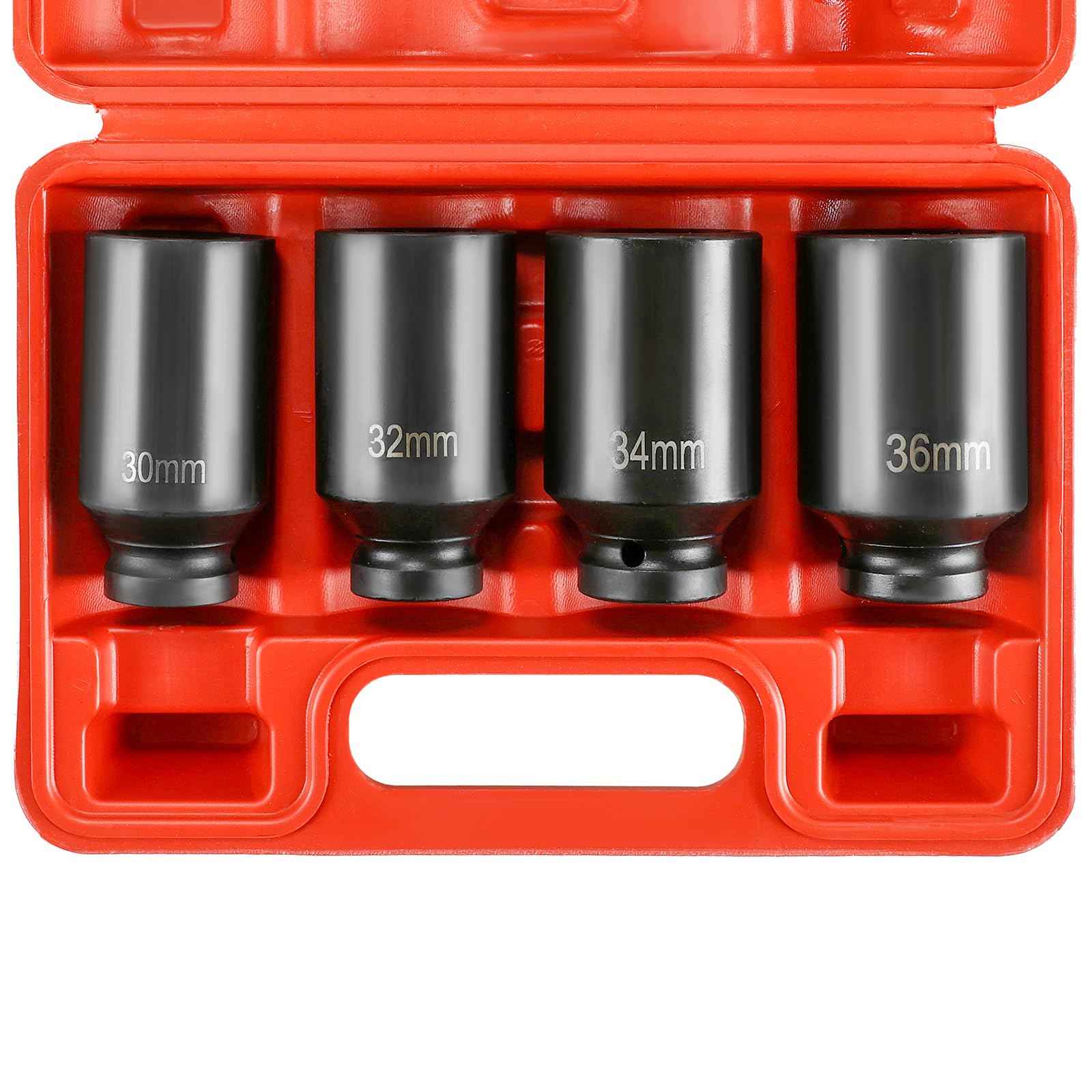 NYXOVA 1/2" Drive Deep Spindle Axle Nut Impact Socket Set, 12 Point Metric 30mm 32mm 34mm 36mm Drive Spindle Axle Hub Nut Socket Set, CR-MO, 4-Piece 1/2" Heavy Duty Impact Socket Set