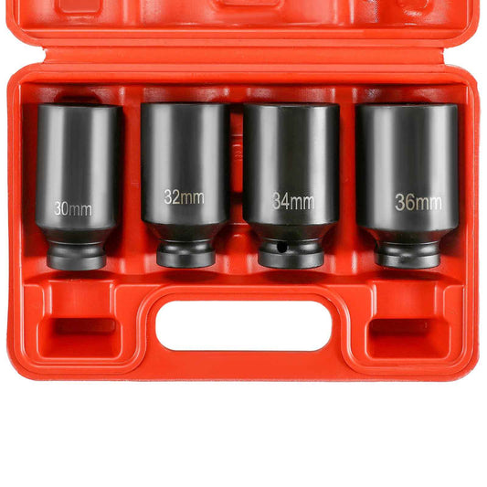 NYXOVA 1/2" Drive Deep Spindle Axle Nut Impact Socket Set, 12 Point Metric 30mm 32mm 34mm 36mm Drive Spindle Axle Hub Nut Socket Set, CR-MO, 4-Piece 1/2" Heavy Duty Impact Socket Set