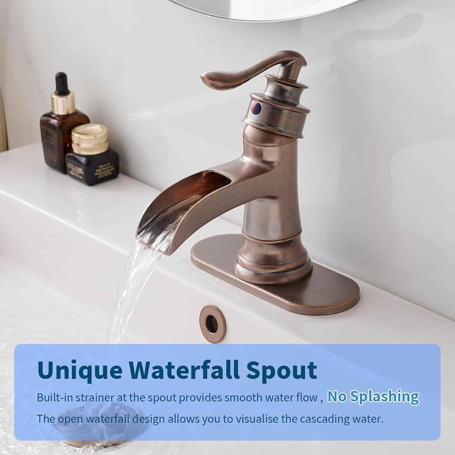 Matte Black Waterfall Bathroom Faucet - Single Handle Lavatory Sink Mixer with Brass Drain