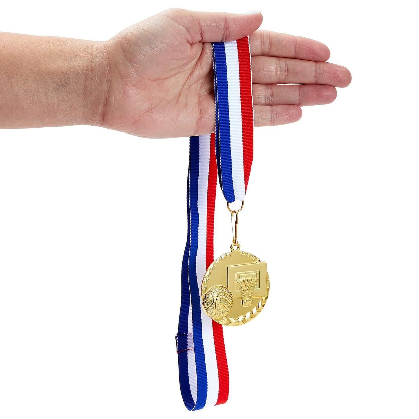 Juvale Basketball Medals for Kids & Adults - 12-Pack, 2" Gold Zinc Alloy & 15.5" - Red, White & Blue Ribbon - Medals for Awards