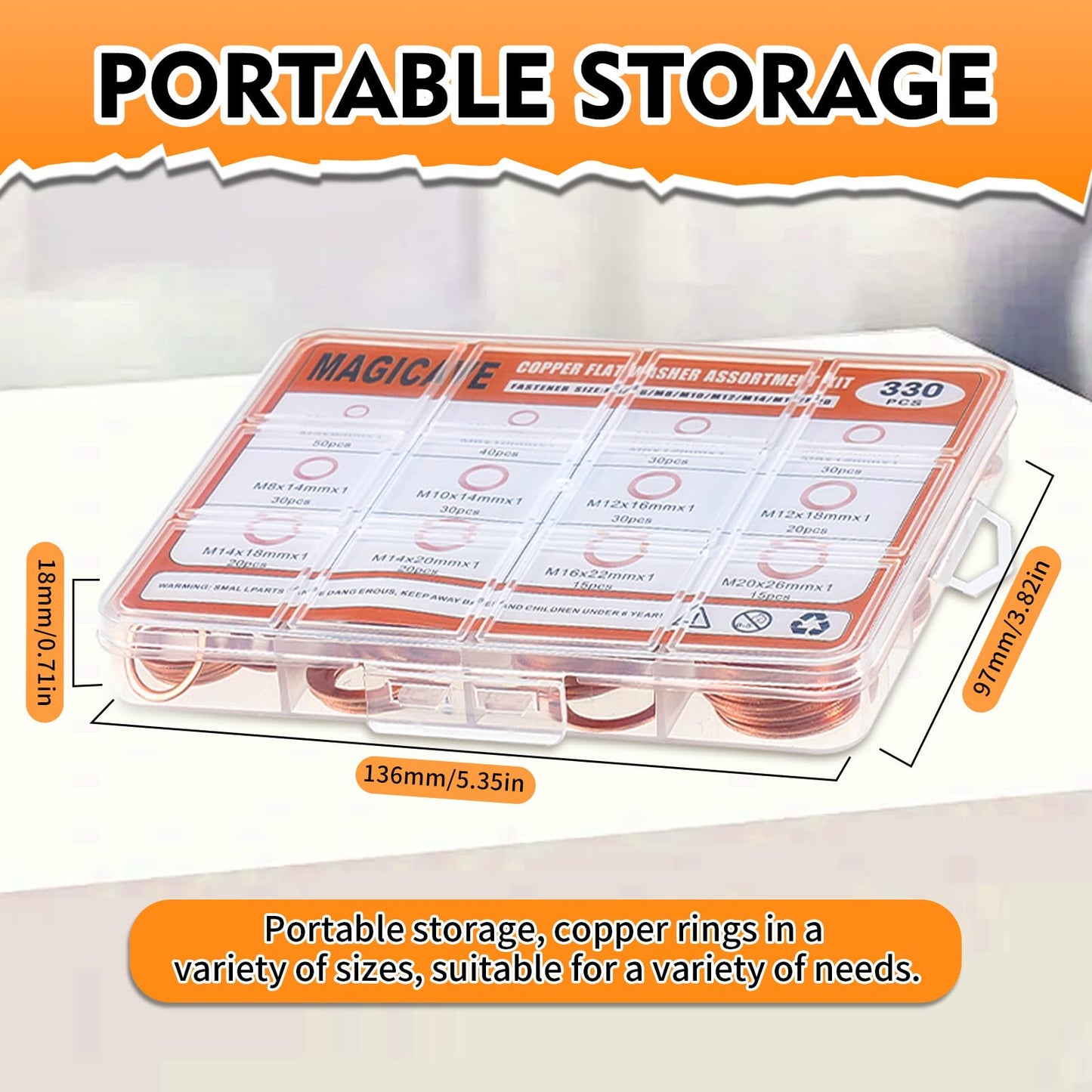 330 Pcs Copper Washers Assortment Kit – 12 Sizes Flat Sealing Crush Washers (M5-M20) for Automotive, Plumbing, and Mechanical Use