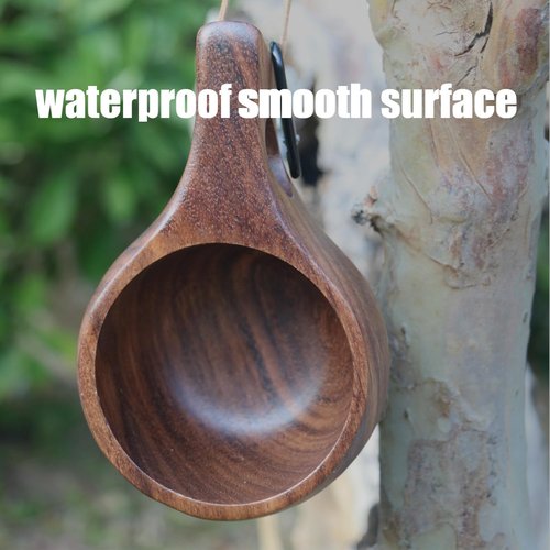 Flimjibg Coffe Mug Portable Wooden Camp Cup with Handle Kuksa Handmade Cool Hot Drinking Viking Mug Unique Natural Wood Grain for Outdoor Travel Hiking Men Women