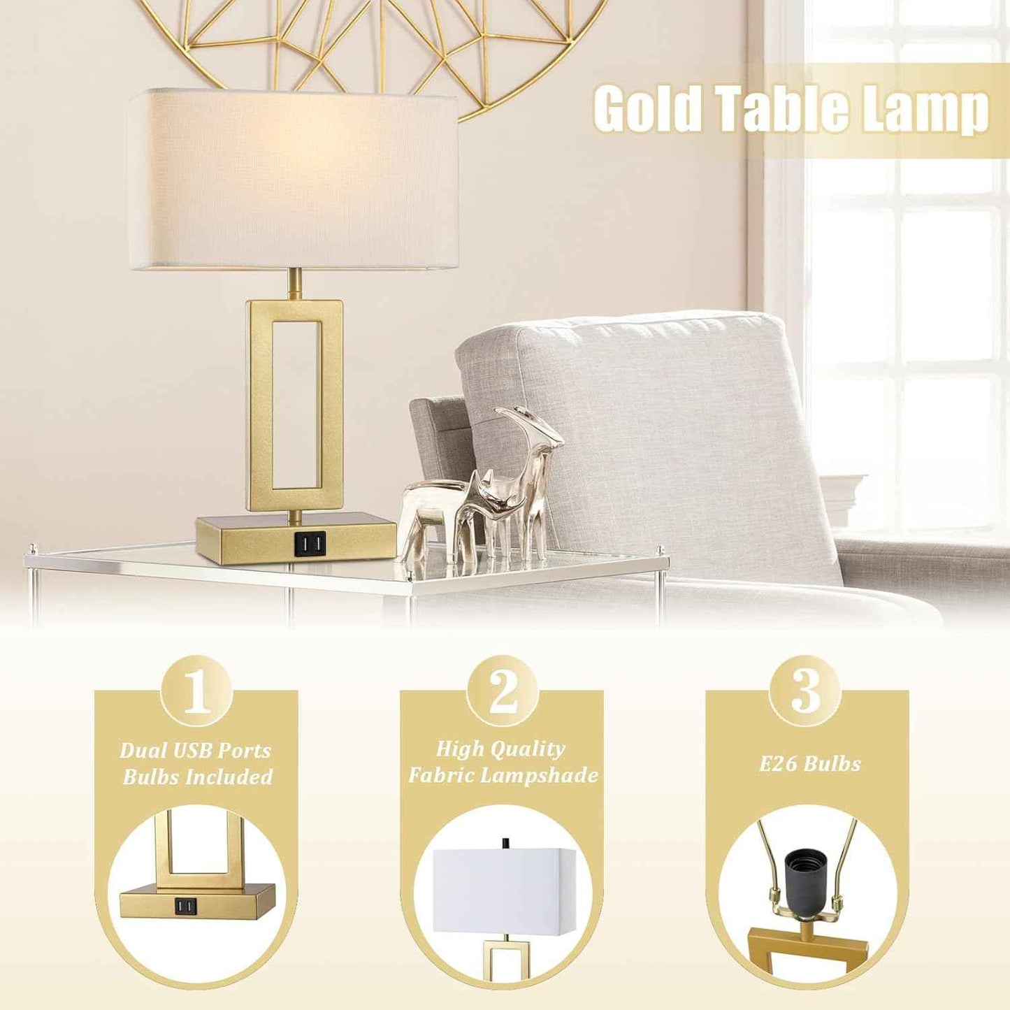 Gold Table Lamps Set of 2 - 3-Way Dimmable Touch Control with USB Ports, 22” Modern Design for Bedroom & Living Room