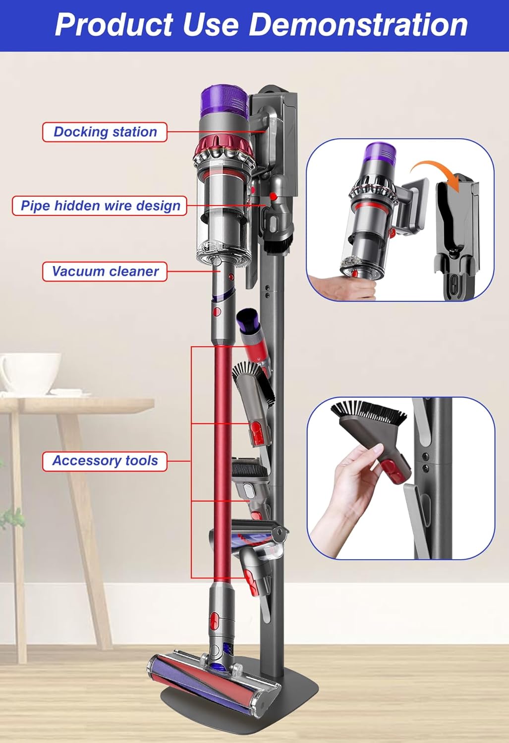 Dyson Vacuum Stand & Holder for Gen5 V15 V12 V11 V10 V8 V7 V6 - Metal Storage Bracket with Hidden Cord Design