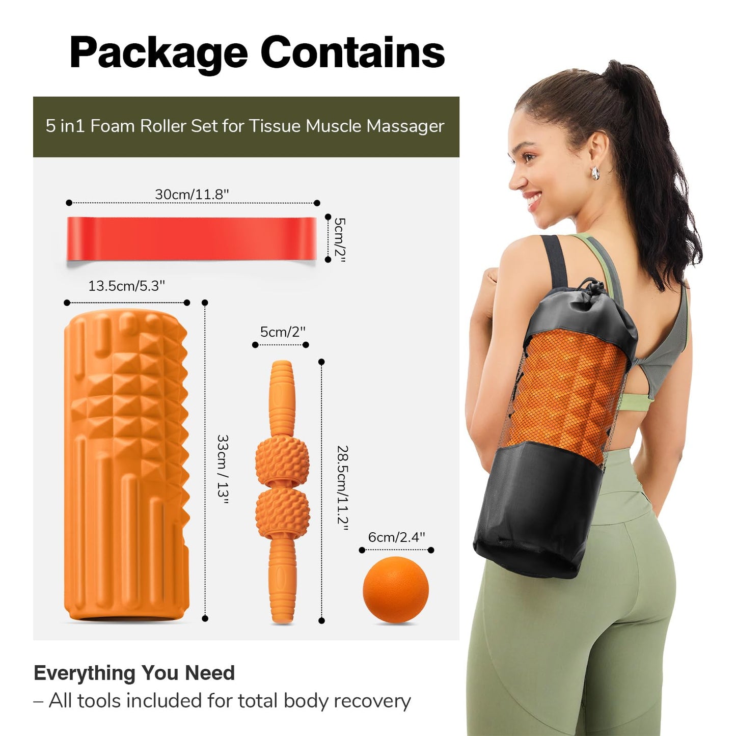 LTHTRADE 5 in 1 Foam Roller Set - Deep Tissue Foam Roller, Muscle Roller Stick, Massage Ball, Resistance Band for Physical Therapy & Deep Tissue Muscle Massage (Orange)