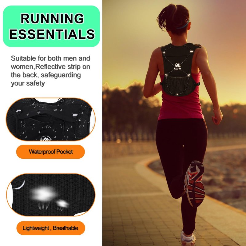 Running Vest for Women Men, Lightweight (194g/8 Bags) Hydration Backpack Running Phone Holder Vest for Hiking Trail Cycling Race Marathon Runners Essentials (Black, Adjustable)