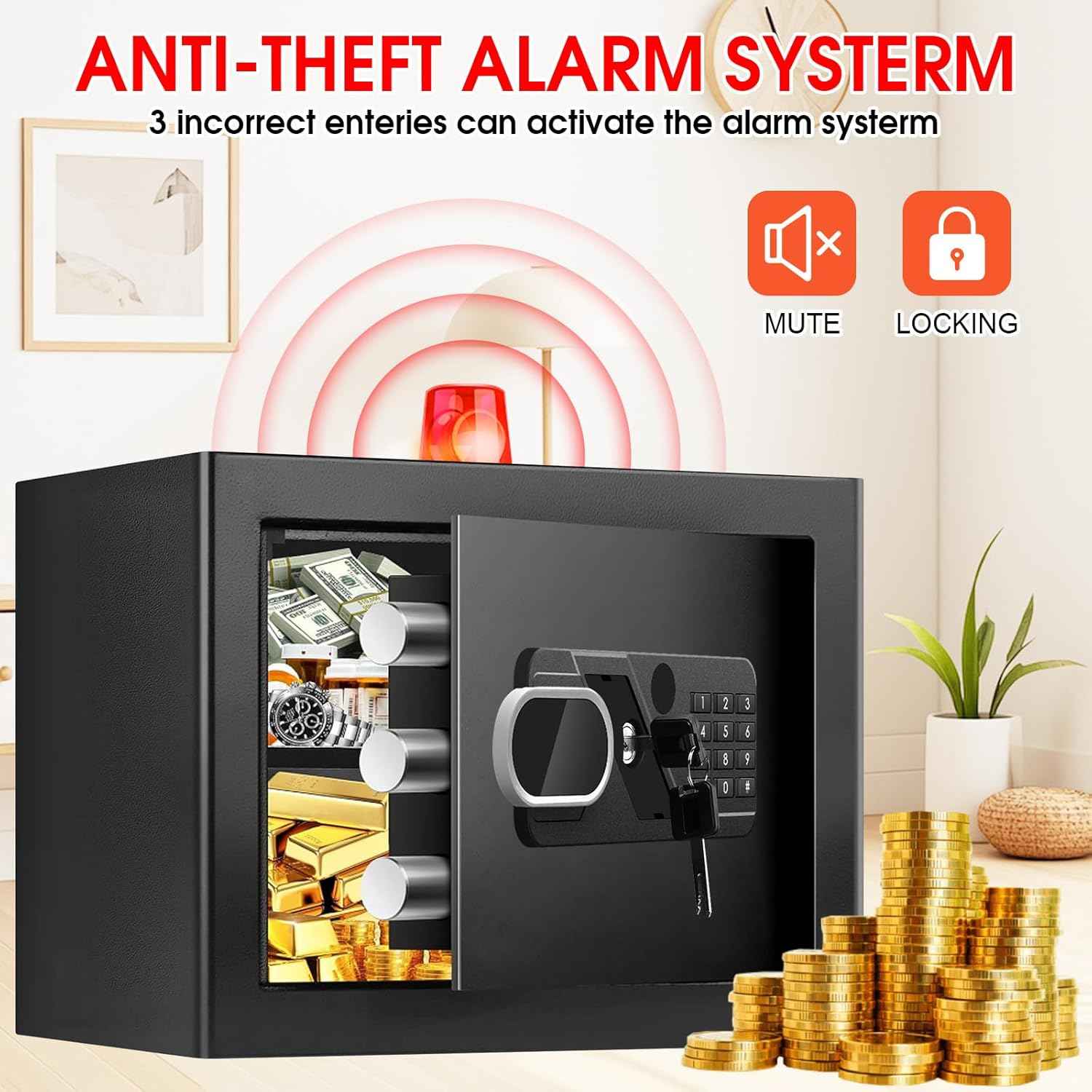 Small Home Safe 1.2 Cubic Feet - Anti-Theft Steel Security Box with Combination Lock & Alarm