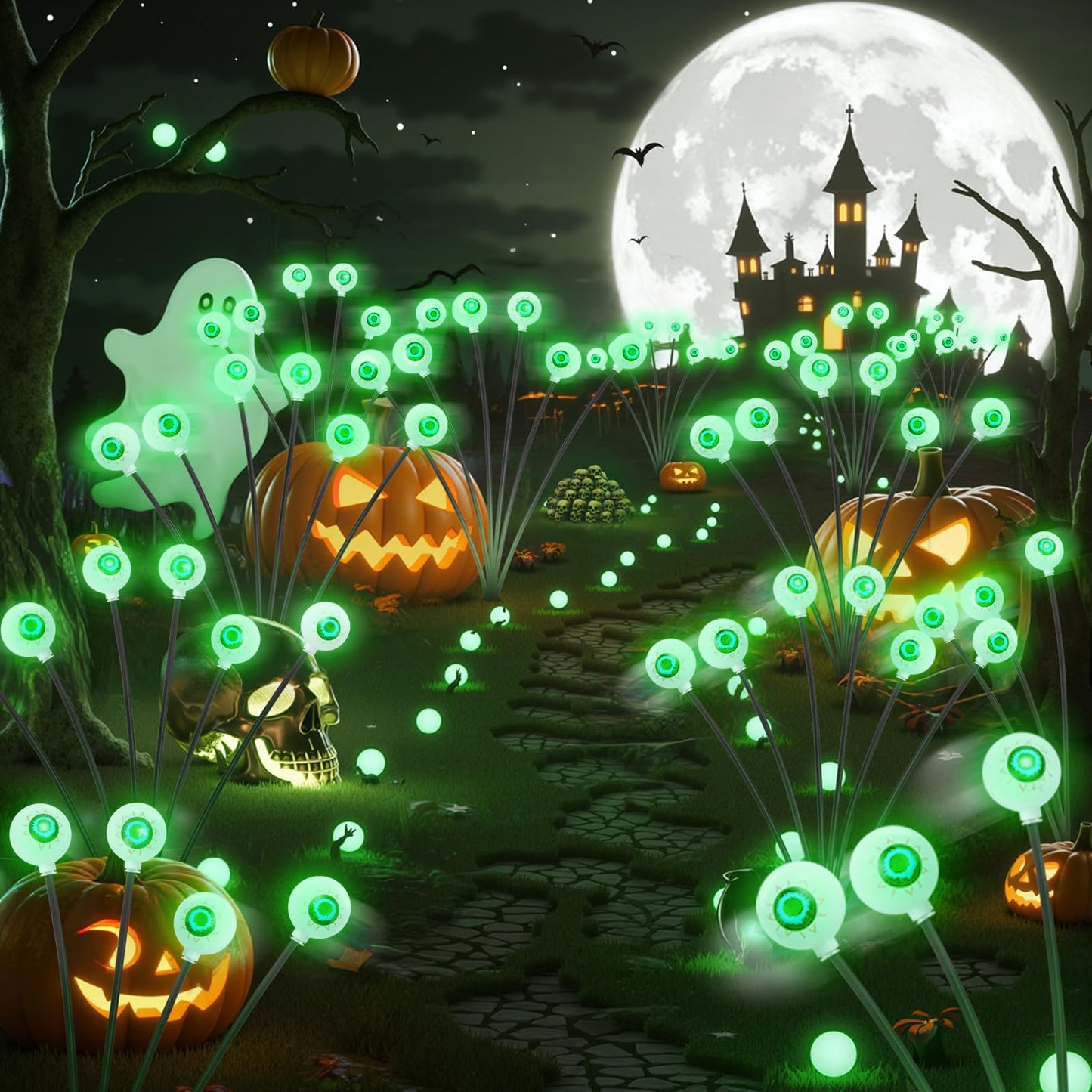 Halloween Outdoor Decorations, Solar Scary Eyeball Lights, 4PACKS 24LED Solar Eyeball Pathway Lights, Steady On & Flash Outdoor Halloween, IP65 Waterproof decorations for Yard/Lawn/Decor(Green)