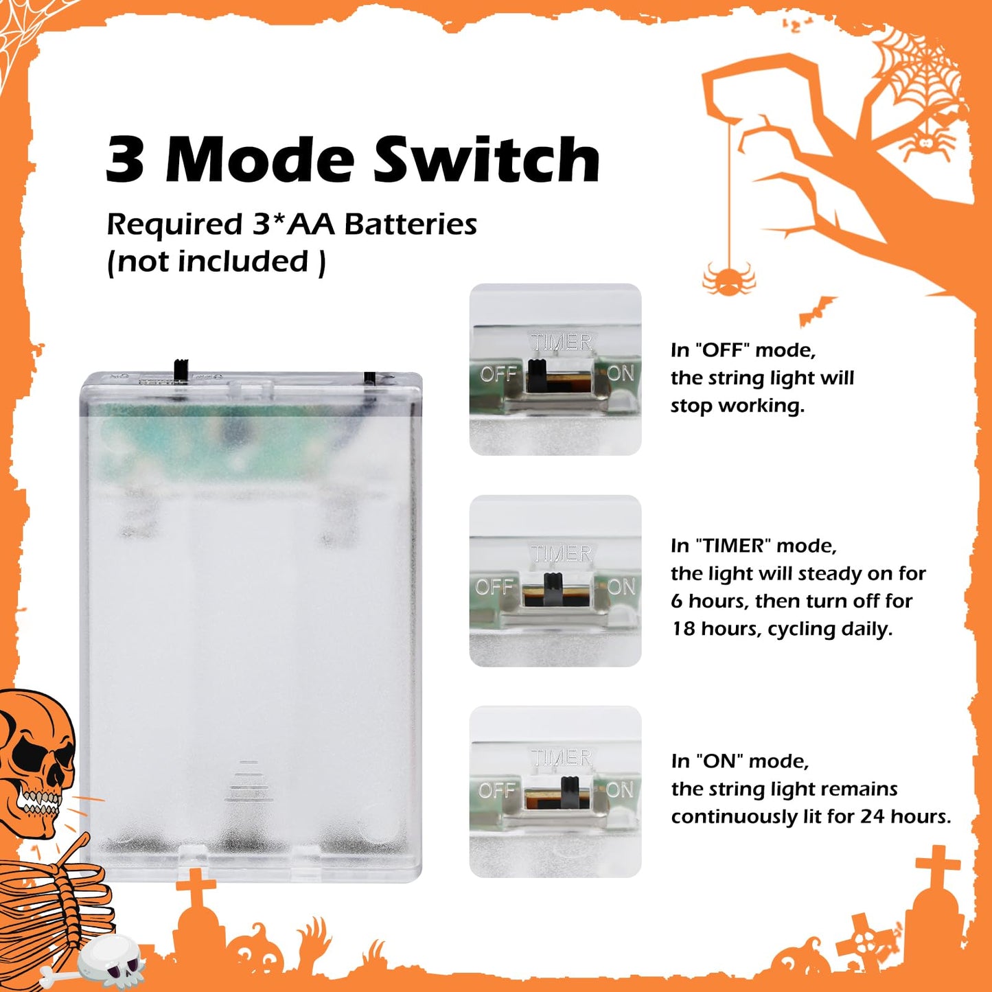 RECESKY 2Pack 20 LED Orange Skull String Lights with Timer - Total 13Ft Battery Powered Halloween String Light - Spooky Lighting for Outside Home Bedroom Dorm Classroom Halloween Decorations