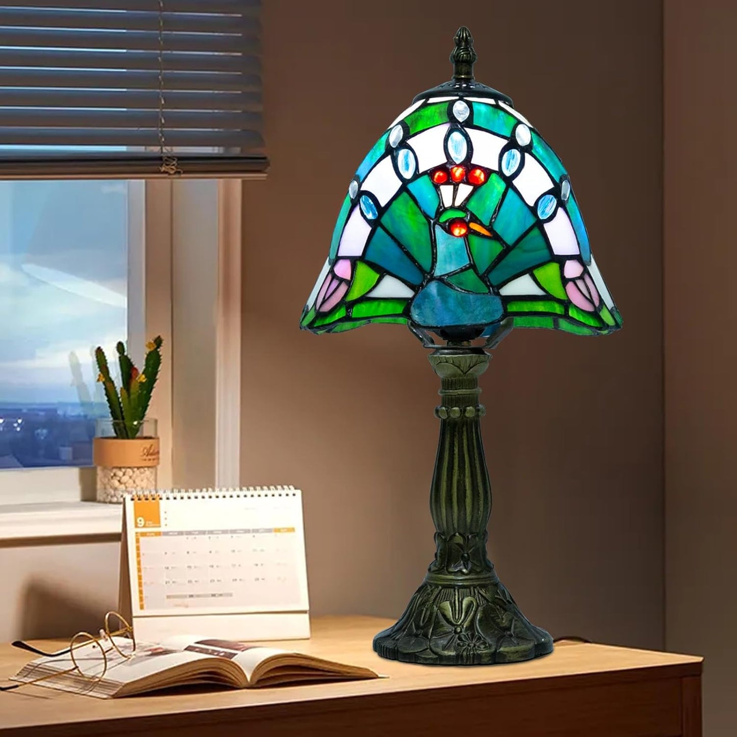 Tiffany Table Lamp - 8 Inch Antique Stained Glass, 3 Color Temperatures, Handcrafted for Bedroom & Living Room