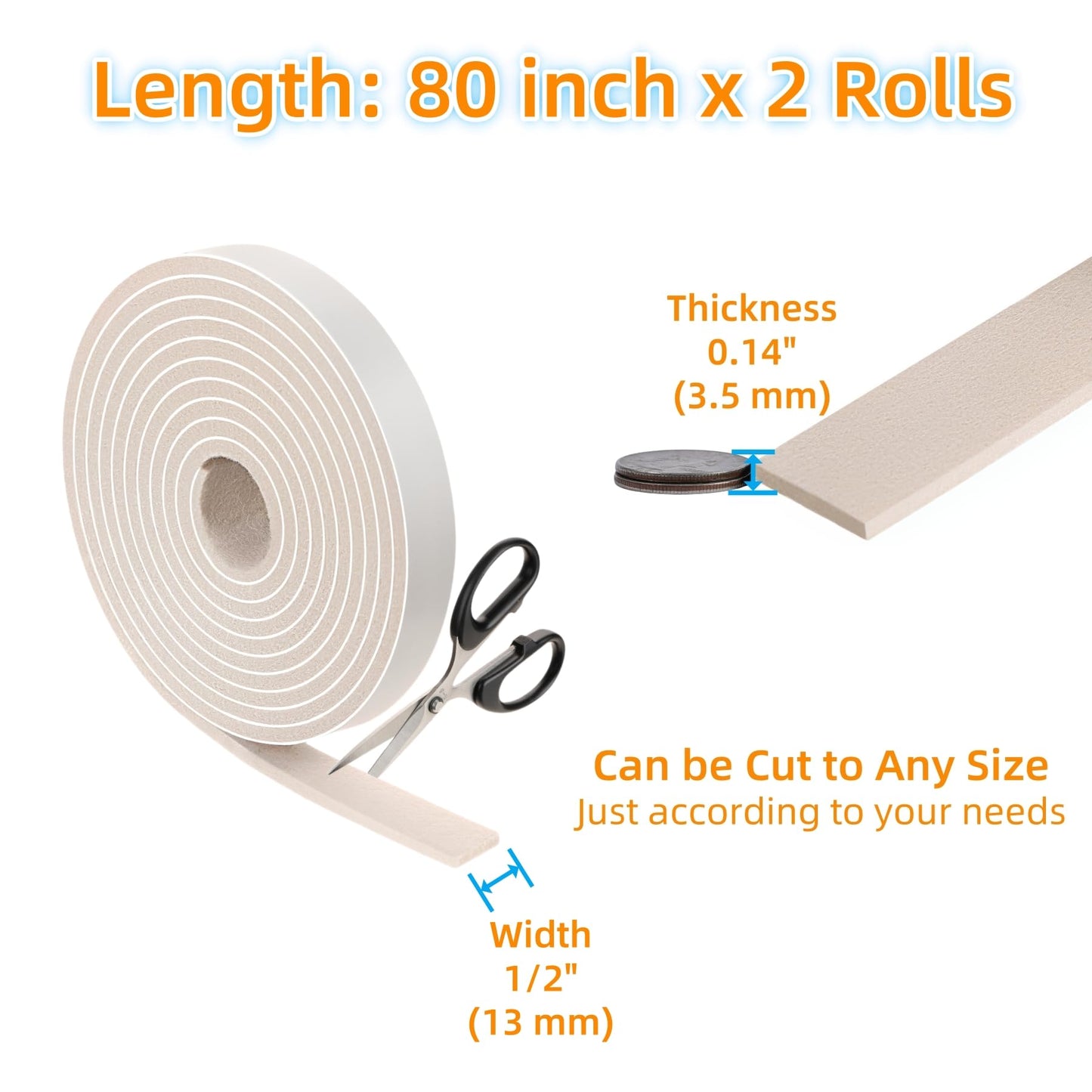 Felt Strips with Adhesive Backing – Furnigear Heavy Duty Cuttable Felt Tape Roll Furniture Pads for Chair Legs - Protecting Hardwood Floors, Chair Wall Protector (Beige, 80 x 0.5 x 0.14 Inch)