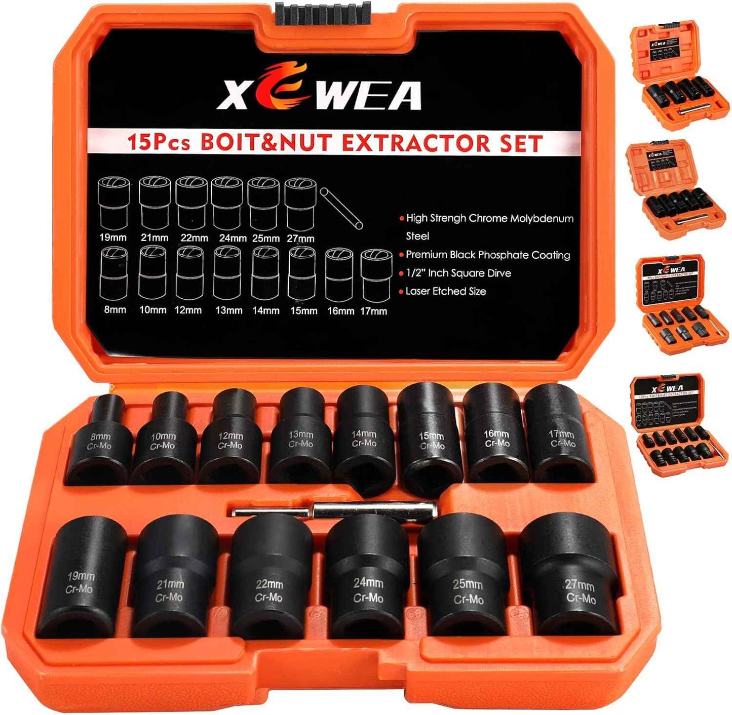 15PCS Lug Nut Removal Tool Set - Easy Out Twist Socket Extractor for Damaged & Rusted Bolts