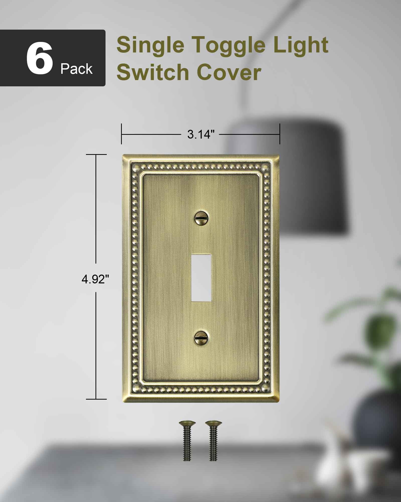 TREEWELL 6-Pack Single Toggle Light Switch Cover Plate, Pearls Decorative Switch Plate Covers, Antique Brass 1 Gang Metal Wall Plate, Corrosion Resistant