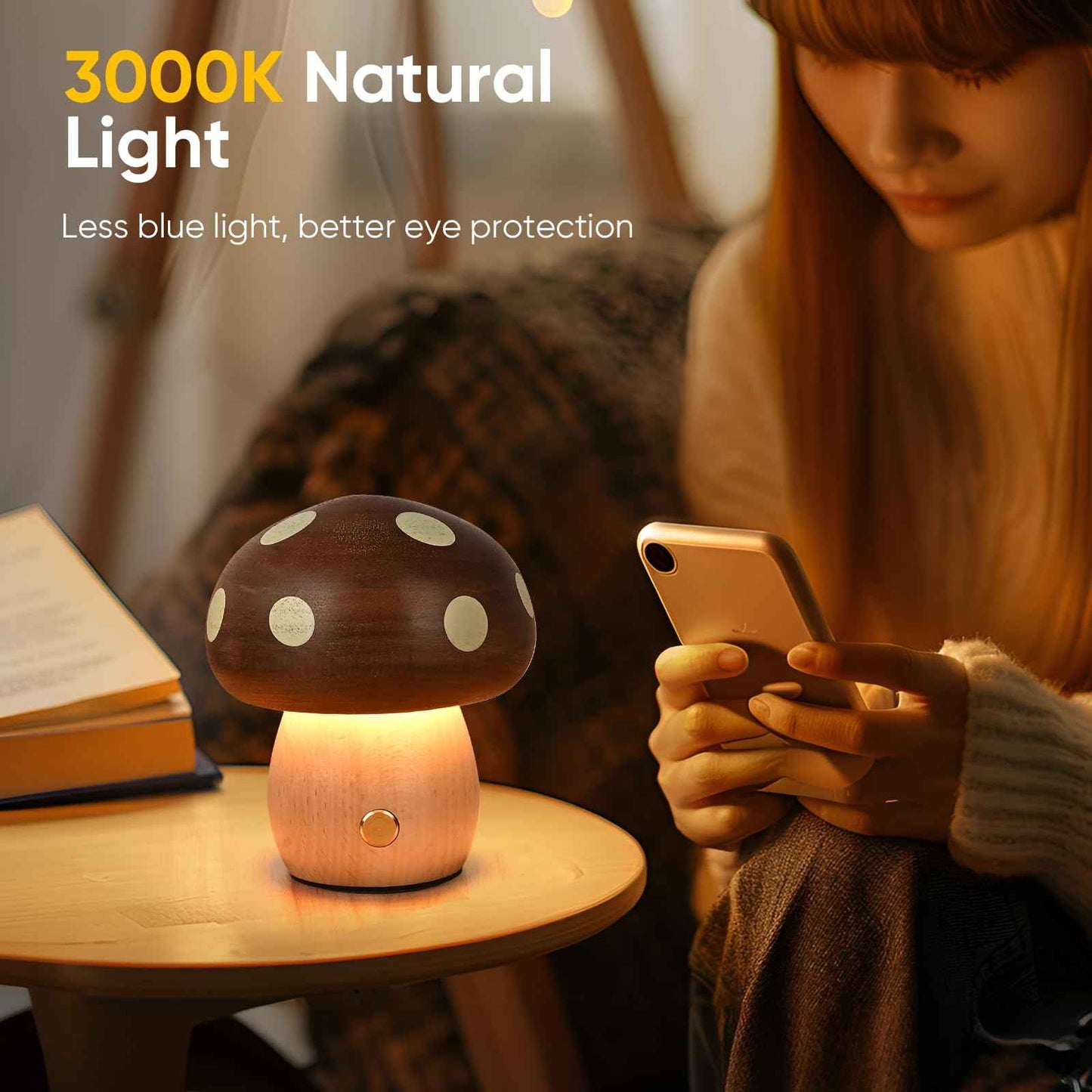 LONRISWAY LED Wooden Mushroom Lamp, Rechargeable Battery Operated Portable Cordless Touch Switch Small Lamp, Stepless Dimming Night Light for Birthday Gifts