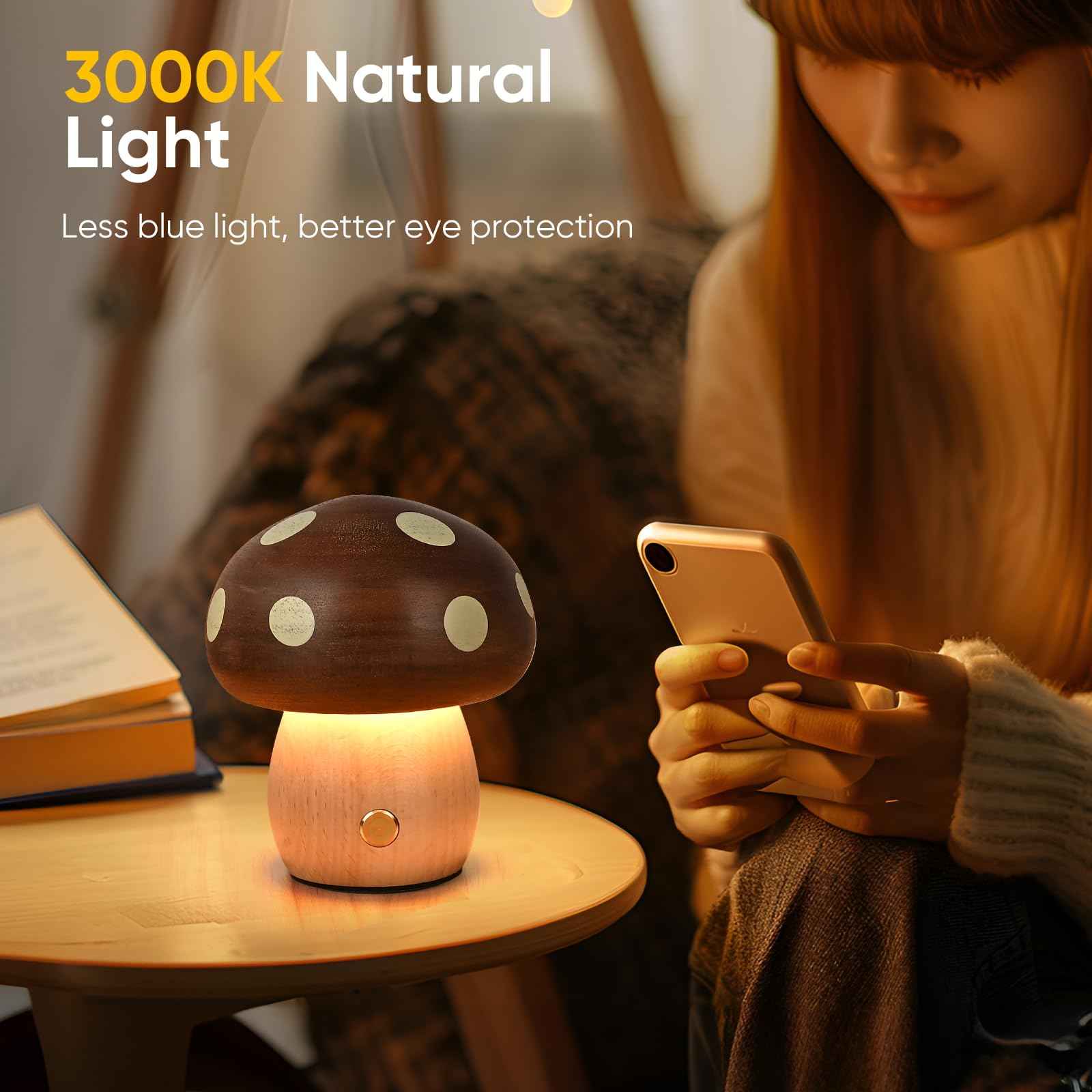 LONRISWAY LED Wooden Mushroom Lamp, Rechargeable Battery Operated Portable Cordless Touch Switch Small Lamp, Stepless Dimming Night Light for Birthday Gifts