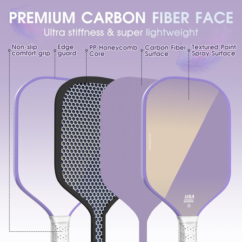 Pickleball Paddles, Carbon Fiber Pickleball Racket with 16MM Polypropylene Honeycomb Core – Lightweight, High-Grit Surface for Spin & Control, Professional Pickle Ball Paddle for Men & Women Purple