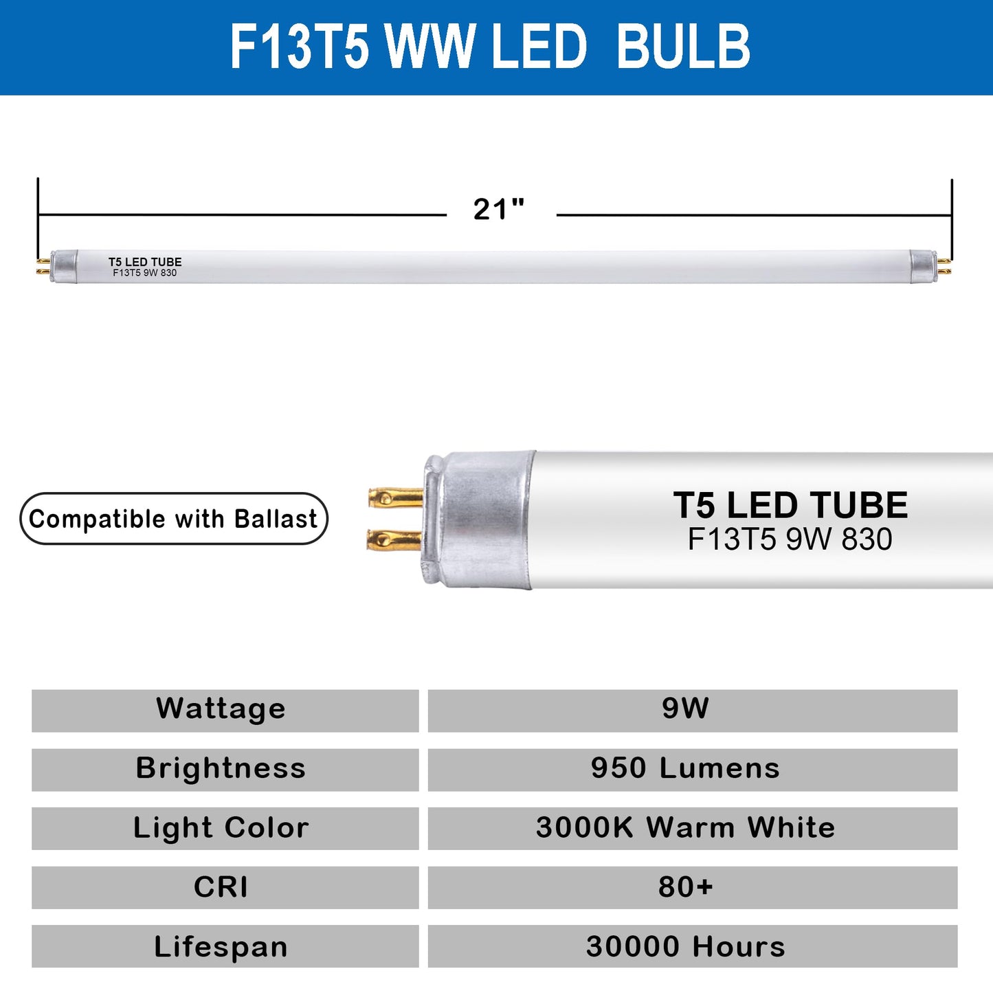 Wesome Lighting 12 inch F8T5 and 21 inch F13T5 Warm White Set LED Replacement Bulbs, 3000K, Replace Fluorescent Bulb with LED, Replacement Tube for Counter and Cabinet Fixture
