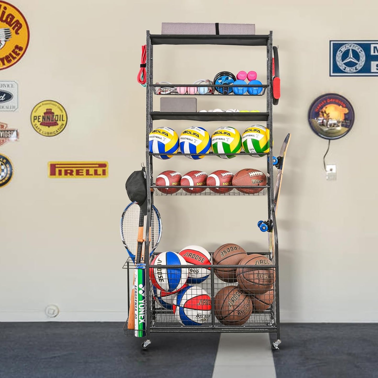 Mythinglogic Garage Ball Storage Organizer - Rolling Sports Equipment Cart with Wheels for Indoor/Outdoor Use