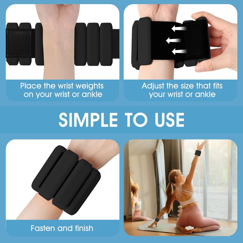 MESUADESI Wrist Weights Set of 2, Wearable Wrist Ankle Weights for Women & Men, Silicone Weighted Bangles Adjustable Arm and Leg Weights for Walking Yoga Pilates Running Dance Gym 2lb(Black)